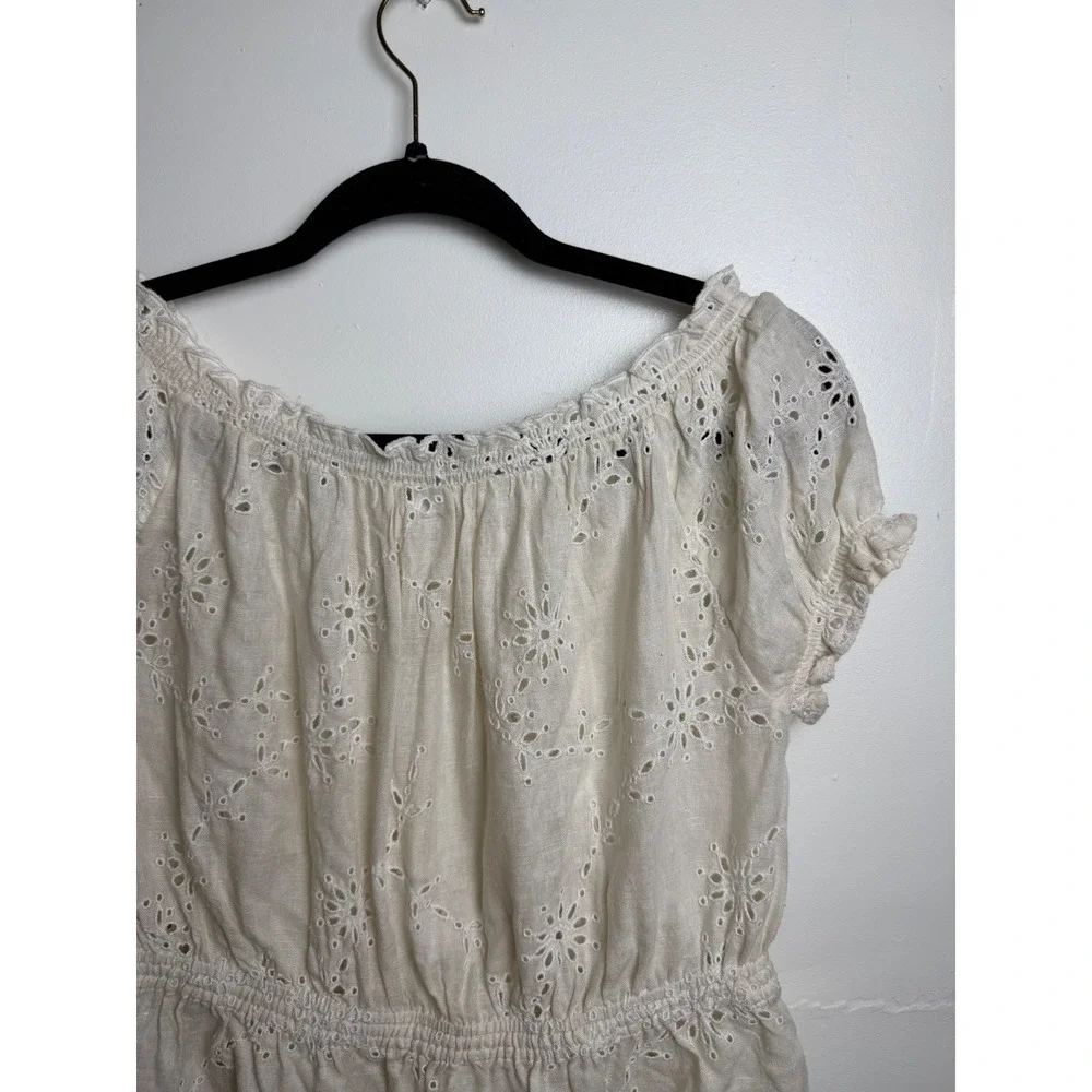Free People Cream Eyelet Embroidery Peasant Blouse Cottagecore Puff Sleeve Top M